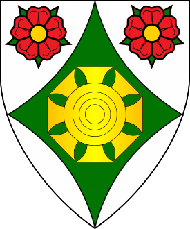 Argent, on a lozenge ployé throughout vert between in chief two roses proper an archery mark Or.