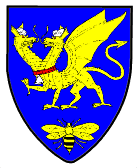 Azure, a two-headed dragon passant respectant Or, turbanned argent, gorged of a collar gules, pendant therefrom a bell argent, in base a bumblebee displayed erect proper.
