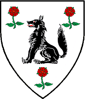 Argent, a wolf sejant sable between three roses slipped and leaved proper.