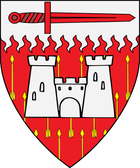 Gules, semy of arrows inverted Or, a castle and on a chief rayonny argent a sword reversed gules.