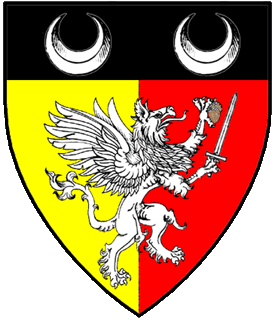 Per pale Or and gules, a griffon segreant contourny argent maintaining an acorn proper and a sword argent and on a chief sable two crescents argent.