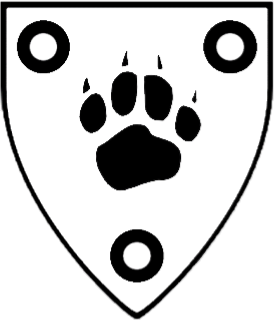 Argent, a pawprint between three annulets sable.