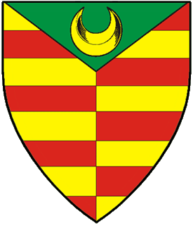 Barry and per pale Or and gules, on a chief triangular vert a crescent Or.