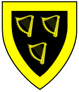 Sable, three harps within a bordure Or.