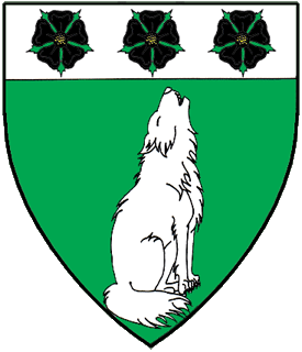Vert, a wolf sejant ululant contourny and on chief argent three roses sable.