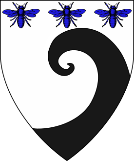 Argent, a schnecke issuant from base sable and in chief three bees azure.