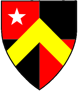 Quarterly gules and sable, a chevron Or and in dexter chief a mullet argent.