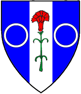 Azure, on a pale between two annulets argent a carnation gules slipped and leaved vert.