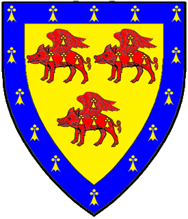 Or, three winged boars statant gules ermined Or within a bordure azure ermined Or