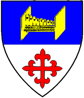 Per fess azure and argent, a portative organ Or and a cross fleury gules.