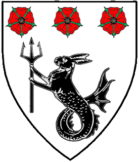 Argent, a sea-coney maintaining in both paws a trident sable, in chief three roses proper.