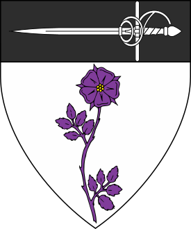 Argent, a rose slipped and leaved purpure and on a chief sable a rapier argent.