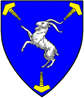 Azure, a goat clymant argent between three Thor's hammers handles to center Or.