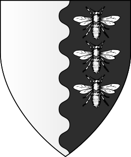 Per pale wavy argent and sable, in pale three bees argent