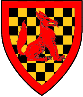 Checky sable and Or, a fox sejant to sinister within a bordure gules.