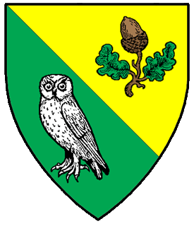 Per bend Or and vert, an acorn inverted slipped and leaved proper and an owl argent.