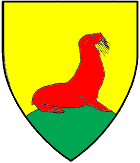 Or, a seal sejant contourny gules atop a mount vert.