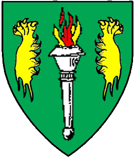 Vert, a torch argent enflamed at the tip proper between two natural panther's gambs palewise erased Or.