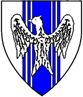 Argent, a pale doubly endorsed azure, overall a dove migrant argent.
