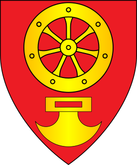 Gules, in pale a wheel and an axe head with its blade to base Or.