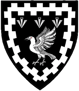 Sable, a raven rising and in chief three broad arrowheads, all within an orle embattled counter-embattled argent.