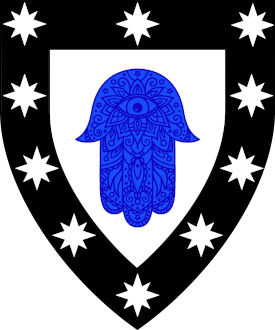 Argent, a hand of Fatima inverted azure within a bordure sable semy of compass stars argent. 