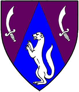 Per chevron throughout purpure and azure, two scimitars and a weasel salient argent.