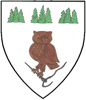 Argent, a brown owl proper perched upon and maintaining a threaded needle sable and in chief three hursts of pine trees vert.