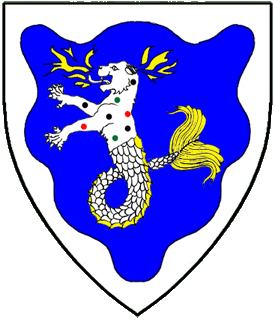 Azure, a sea-panther erect argent spotted of diverse tinctures finned and incensed Or within a bordure wavy argent.