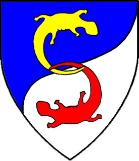 Per bend sinister embowed counter-embowed azure and argent, in pale a natural salamander tergiant fesswise contourny Or and another tergiant fesswise gules tails entwined.