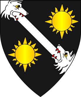Sable, a demi-sun issuant from dexter Or and a wolf's head issuant from sinister argent.