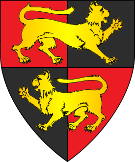 Quarterly gules and sable, two cats passant in pale, that in chief contourny, Or.