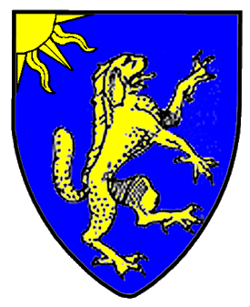 Azure, a sea dog rampant to sinister and issuant from canton a quarter-sun Or.