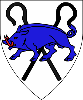 Argent, two shepherd's crooks in saltire sable and overall a boar passant azure.