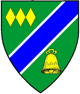 Vert, a bend sinister azure fimbriated argent, between in dexter chief three lozenges conjoined in fess and in sinister base a bell Or.