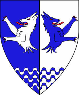 Per pale azure and argent, two demi-wolves erased addorsed and in base three barrulets wavy counterchanged.