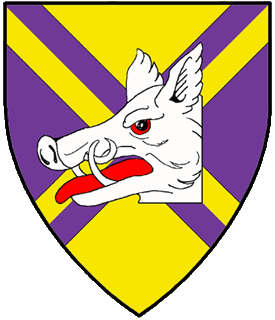 Per saltire Or and purpure, a saltire counterchanged, overall a boar's head couped close argent.