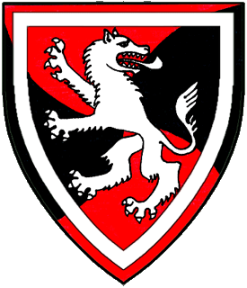 Per saltire arrondi gules and sable, a wolf rampant regardant and an orle argent.