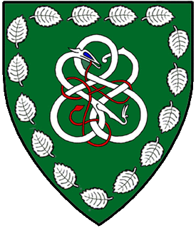 Vert, a serpent nowed in a Heneage knot inverted within an orle of birch leaves argent.