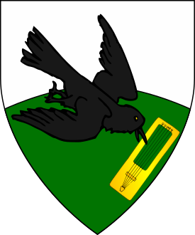 Per fess enarched argent and vert, a raven volant to sinister base sable maintaining in its beak a crowth Or.