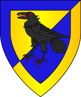 Per bend sinister Or and azure, a raven sable and a bordure counterchanged.
