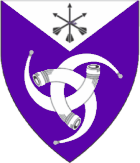 Purpure, three drinking horns fretted in triangle and on a chief triangular argent a sheaf of arrows inverted sable
