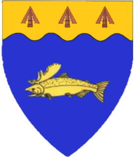 Azure, a salmon attired with an elk's antlers and on a chief wavy Or three pheons inverted gules.