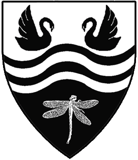 Per fess wavy argent and sable, two barrulets wavy between in chief two swans naiant respectant and in base a dragonfly, all counterchanged.