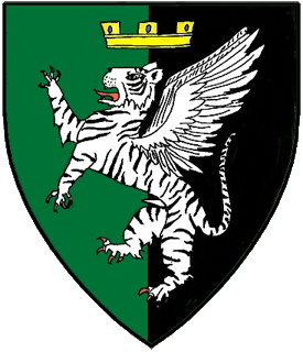 Per pale vert and sable, a natural tiger rampant argent marked sable winged argent and in chief a county coronet Or.