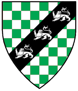 Checky vert and argent, on a bend sinister sable three lions passant reguardant palewise argent.
