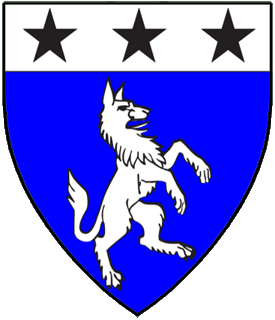 Azure, a wolf rampant contourny and on a chief argent three mullets sable.