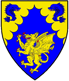 Per chevron engrailed Or and azure, two dolphins haurient respectant and a dragon segreant counterchanged.