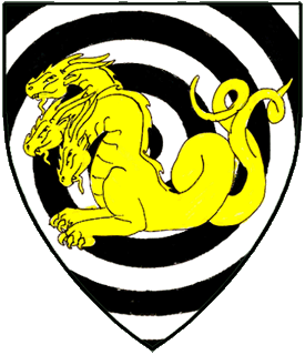 Sable, a gurges argent, overall a two-legged three-headed wingless hydra doubly queued couchant Or.