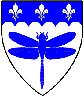 Argent, a dragonfly azure and on a chief engrailed azure three fleurs-de-lis argent.